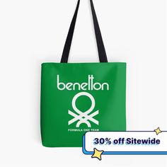 Soft polyester canvas shopping bag with edge-to-edge print on both sides. Fully lined for extra strength. Three sizes to choose from. Simple retro 1980s logo for the Benetton F1 team. Casual Canvas Bags With Logo Print, Casual Canvas Bag With Logo For Daily Use, Casual Canvas Bag For Daily Use With Logo, Casual Canvas Tote Bag With Logo, Casual Streetwear Bags With Logo Print, Casual Tote Bag With Logo Print, Casual Canvas Logo Tote Bag, Logo Print Canvas Tote For Shopping, Canvas Shopping Bag With Logo Print