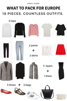 What to pack for a vacation in Europe - Cheryl Shops Pack For Europe, Capsule Wardrobe Women, Europe Travel Outfits, Europe Outfits, Travel Clothes Women