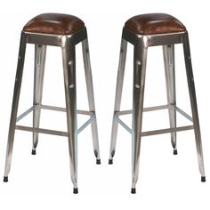 pair of metal stools with brown leather seat cushions on white background, front and back view