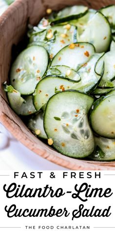 cucumber salad in a wooden bowl with text overlay that reads, fast and fresh giatro - lime cucumber salad