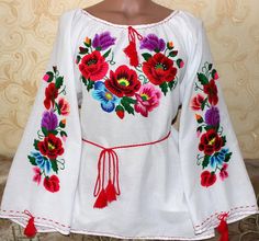 Floral blouse FREE SHIPPING with embroidery  by EmbroideryBySaldan Embroidered Blouses, Ukrainian Style, Designer Punjabi Suits, Flower Blouse, Flowers Embroidery, Natural Fabric, Style Blouse, Embroidery Blouse, Desi Fashion