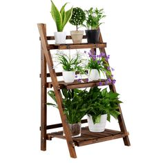 a wooden plant stand filled with potted plants