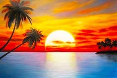 a painting of palm trees and the sun setting over water with an island in the foreground