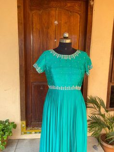 Hand embroidered Anarkali  / green anarkali suit set / green maggam work  anarkali / Indian anarkali/ Indian dresses/ voggish / high neck anarkali dress          Looking for a perfect indian dress/anarkali/suit sets that are trendy, unique and easy to carry !! yess, You are at the right place. we carry such versatile pieces of anarkalis and suit sets that really let you stand out in any occassion !!      featuring this beautiful pure silk dress in green color with hand embroidered on body  and s Lux Green Saree Contrast Blouse, Green Embroidered Floor-length Anarkali Set, Embroidered Green Floor-length Anarkali Set, Green Embroidered Floor-length Lehenga, Green Floor-length Embroidered Lehenga, Festive Green Floor-length Churidar, Anarkali Style Green Choli With Pallu, Anarkali Green Choli With Pallu, Anarkali Green Lehenga With Dori Work