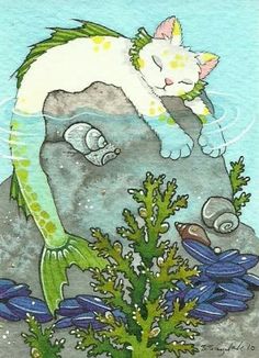 a drawing of a cat laying on top of a rock next to plants and rocks