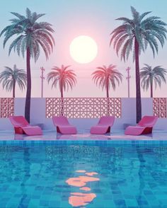 two pink lounge chairs sitting next to a swimming pool with palm trees in the background