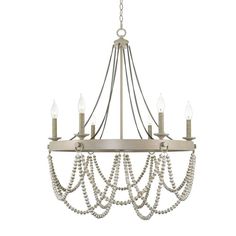 a chandelier with pearls hanging from it's center and four lights on each side