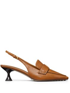 coconut brown nappa leather pointed toe gold-tone logo plaque signature Double T motif buckle-fastening ankle strap branded leather insole 55mm sculpted heel This piece comes complete with a protective dust bag. Tory Burch Georgia Pump, Classic Pointed Toe Heels With Gold-tone Hardware, Classic Heels With Gold-tone Hardware And Pointed Toe, Luxury Leather Slingback Pumps For Work, Luxury Calf Leather Slingback Pumps For Business, Luxury Brown Slingback Pumps With Heel Strap, Luxury Leather Sole Kitten Heels For Office, Luxury Leather Ankle Strap Kitten Heels, Luxury Leather Kitten Heels With Low Heel