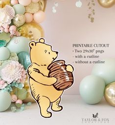 a winnie the pooh birthday card with balloons and flowers in the background, along with an image of a teddy bear holding a basket