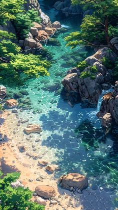 an aerial view of a river surrounded by rocks and trees with blue water running through it