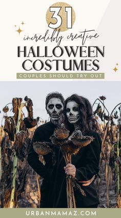 a man and woman dressed up as skeletons holding flowers in their hands with the caption 51 incredibly creative halloween costumes couples should try