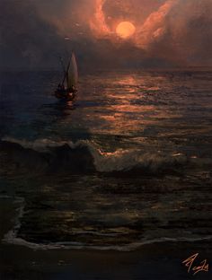 a painting of a boat in the ocean at sunset