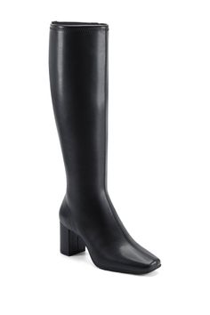 Channel your inner secret agent in these sleek and sexy knee high faux leather boots with a modest heel and high fashion square toe. Square toe. Knee length shaft. Block heel. Zip closure. Central seam detail. Approx. 16" shaft height, 15" opening circumference. Approx. 2.75" heel. Imported Sleek Fitted Knee-high Faux Leather Boots, Formal Fitted Mid-calf Boots With Square Toe, Modern Fitted Knee-high Boots For Business, Fitted Mid-calf Boots With Block Heel For Office, Modern Fitted Knee-high Business Boots, Sleek Square Toe Knee-high Boots For Formal Occasions, Fitted Square Toe Knee-high Boots For Business, Modern Knee-high Boots With Square Toe For Formal Occasions, Fitted Knee-high Boots With Block Heel For Business