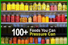 the words, 100 + foods you can pressure can are in front of an assortment of jars