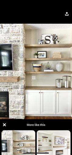 a living room filled with lots of white furniture and shelves next to a fire place