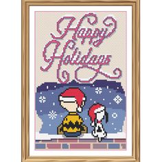 a cross stitch christmas card with the words happy holidays on it and a cartoon character