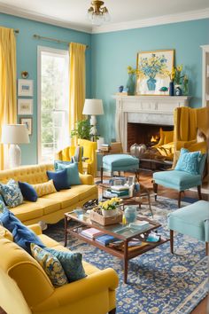 a living room filled with yellow and blue furniture