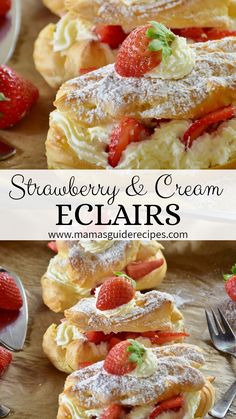 strawberry cream eclairs with powdered sugar on top and strawberries in the background