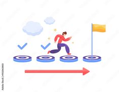 a man is running on top of three circles with an arrow pointing to the right