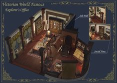 the victorian world famous explorer's office is shown in this image, as well as other rooms