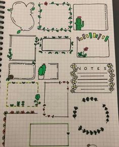 a notebook with some drawings on it and plants in the middle, including cacti