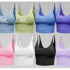 six women's tank tops in different colors and sizes, all with the same design