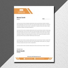 an orange and white letterhead is shown on top of a gray background with the words michael smith above it