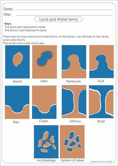 Worksheets to aid reinforcement of the Montessori land and water forms. Landforms For Kindergarten, Land And Water Forms Montessori, Water And Landforms, Land Form, Culture Studies, Geography Printables, Water Forms, Land Forms, Montessori Curriculum