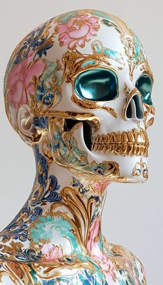 a colorful skull statue with ornate designs on it's face