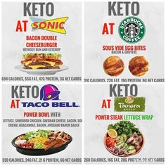 the menu for starbucks's keto breakfast is shown in four different styles and colors