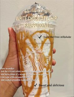 someone holding up a starbucks frappuccino drink with the ingredients labeled below it