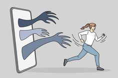 a woman running past a cell phone with monster hands coming out of it