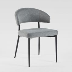 a grey upholstered chair with black legs and an armrest, viewed from the front