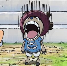 a cartoon character with an open mouth standing in front of a fence and grass area