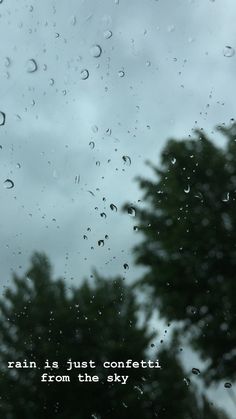 rain drops on the window and trees in the background with an inspirational quote written below