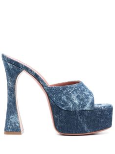 pacific blue calf leather washed denim branded footbed square open toe 45mm platform sole 140mm sculpted heel slip-on style How To Style A Maxi Dress, Design Your Own Shoes, Denim Sandals, Platform Mules, Blue Palette, Amina Muaddi, Arab Fashion, Pacific Blue, Denim Branding