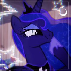 an animated image of a blue pony with purple hair and big eyes looking at the camera