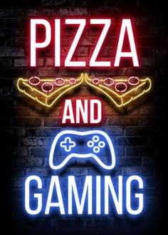 a neon sign that says pizza and gaming