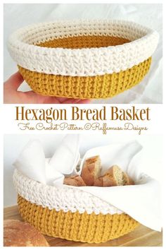 a close up of a basket with bread in it and the bottom is made out of crochet