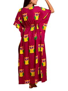 magenta-owl-long-kaftan-10921032RD, Women Clothing, Cotton Kaftan, Magenta Owl Print Long Kaftan Printed Dresses With Kimono Sleeves For Loungewear, Printed Loungewear Dress With Kimono Sleeves, Long Multicolor Kaftan For Loungewear, Casual Pink Dress With Kimono Sleeves, Multicolor Tunic Kaftan For Loungewear, Printed Tunic Dress For Loungewear, Printed Free Size Dresses For Loungewear, Printed Free-size Dresses For Loungewear, Casual Free Size Kaftan With Batwing Sleeve