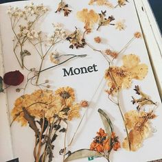 an open book with dried flowers on it and the word monet written in black