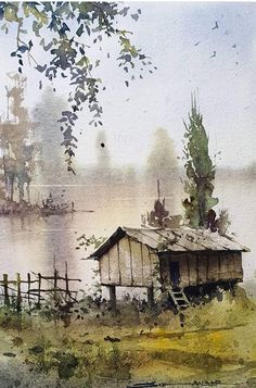 a watercolor painting of a hut on the shore of a lake with boats in the background