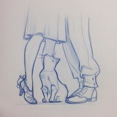 a drawing of a person's legs and feet with a cat