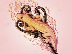 a drawing of a gecko sitting on top of a flamingos tail with flames coming out of it