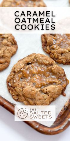 caramel oatmeal cookies on a baking sheet with the title overlay