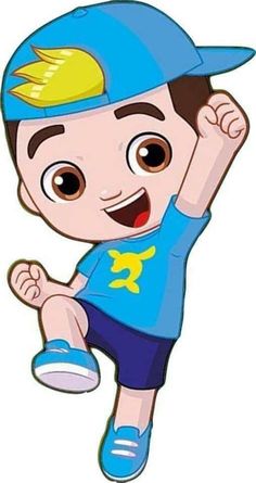 a cartoon boy with a baseball cap on his head and arms up in the air