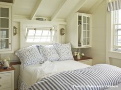 a bed sitting under two windows in a bedroom next to a dresser and window sill