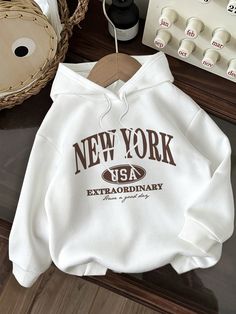 Casual Minimalist Letter Print Hooded Long Sleeve Loose Fit Thick Sweatshirt For Women, Autumn/Winter White Casual  Long Sleeve Knitted Fabric Letter Pullovers Slight Stretch  Women Clothing, size features are:Bust: ,Length: ,Sleeve Length: Cute Cheap Sweatshirts, Trendy Hoodies Women, Cute Sweats, Trendy Hoodies, Hoodies For Women, Casual Cap, Sweatshirt For Women, Sweat Shirts