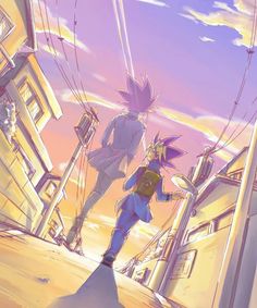 an anime scene with two people walking down the street in front of some buildings and power lines