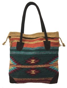 Southwestern style ladies tote purse. Handwoven classic Southwest designs in vibrant, rich colors. Carry your essentials in style! These versatile bags provide room for all your needs and accessorize your ensembles. Durable suede handles and corner accents. Large inner pocket with zipper, cloth lining, and a magnetic s Western Bags Purses, Tote Design, Purse Outfit, Western Bag, Kilim Bag, Work Handbag, Native Shoes, Leather Satchel Handbags, Southwestern Style